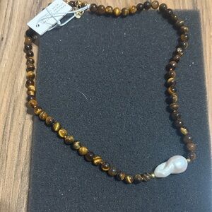Brown Beaded Necklace with Pearl Accent